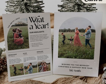 Boho Year in Review Photo Christmas Card Canva Template, What a Year Christmas Card, Year in Review Holiday Card Canva, Year Overview Card