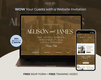 Invitación para sitio web de boda en viñedo: Plantilla digital de Canva con RSVP