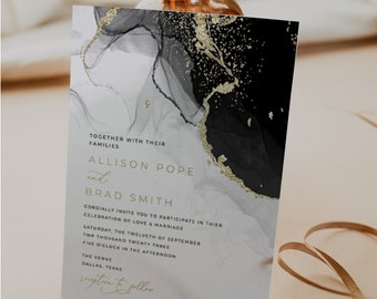 Editable wedding invitation template black and gold, Minimal black gold wedding invitation suite, Black wedding invitation set #5321-14