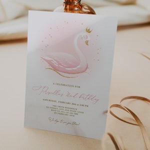 Swan birthday invitation, Girl birthday swan princess, Pink gold girls invitations, Pink birthday instant download editable template image 1
