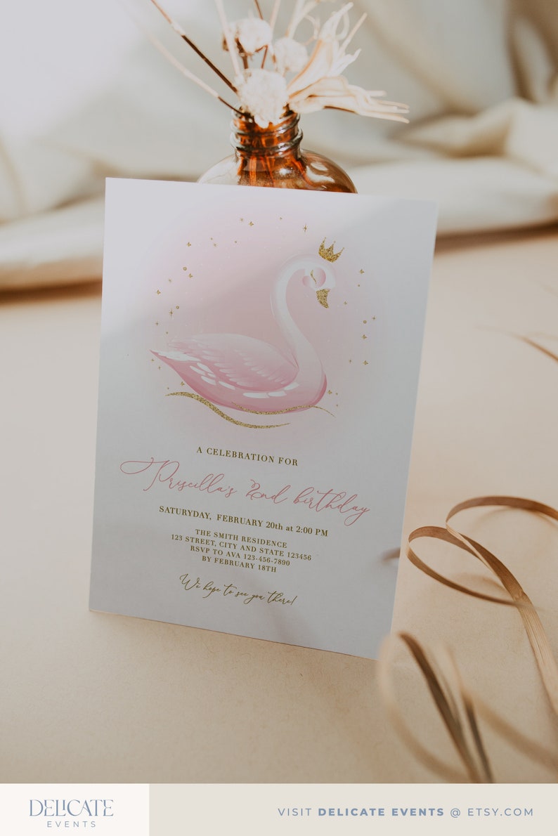 Swan birthday invitation, Girl birthday swan princess, Pink gold girls invitations, Pink birthday instant download editable template image 1