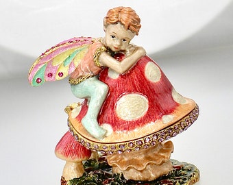Fairy Angel Mushroom Trinket Box: Enameled Bejeweled Pewter Keepsake