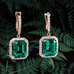 Emerald  Moissanite Diamond Dangle Earrings Lab Grown Emeralds 14KT Yellow Gold Earrings with Lever Backs Drop Earrings