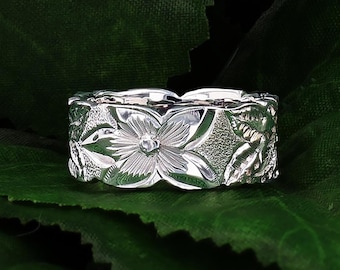 Hand Engraved 8mm Sterling Silver Hawaiian Ring: Plumeria and Hibiscus