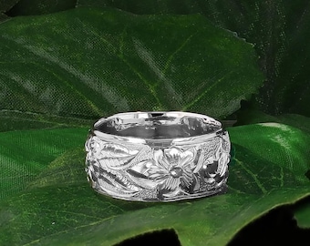 Hand Engraved 10mm Sterling Silver Hawaiian Floral Ring