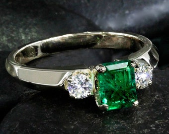 Emerald Cut Colombian Emerald and Diamond 14kt Gold Engagement Ring