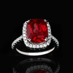 Lab Grown Ruby Moissanite Halo Ring Rhodium over Sterling Silver