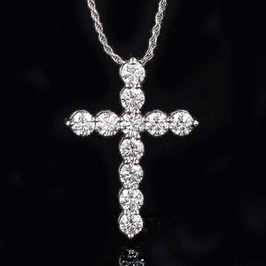 Large Moissanite Cross Pendant Necklace: 14KT White Gold