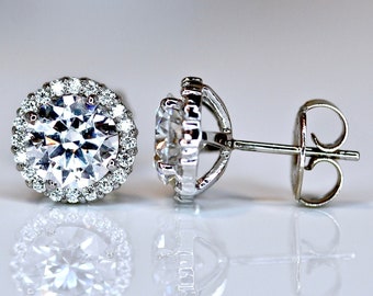 Diamond Earrings  Moissanite Diamond Earrings 14Kt Gold Halo Stud Earrings Colorless VVS1 Clarity Ideal Cut Diamonds EarringsTop Quality