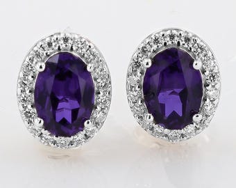 Lab Grown Purple Sapphire Halo Earrings: Sterling Silver Studs