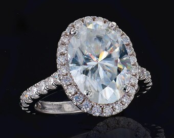 925 Oval Moissanite Halo Engagement Ring: Rhodium over Sterling Silver Bridal Setting