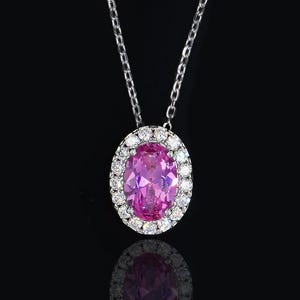 Sterling Silver Lab Grown Pink Sapphire Pendant with Moissanite Halo