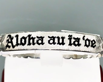 Hand Engraved 10mm Sterling Silver Hawaiian Bracelet: Black Enamel Aloha Custom Name