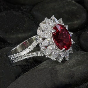 Lab Grown Ruby Engagement Ring: 14kt White Gold Halo Moissanite