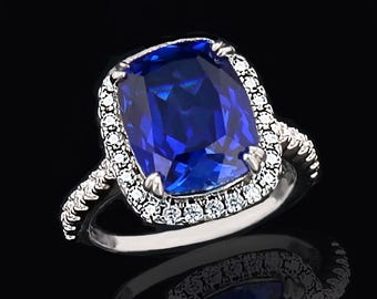 Sterling Silver Lab Grown Blue Sapphire Moissanite Halo Ring Rhodium over Silver