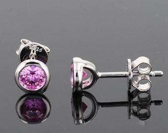 925 Lab Pink Sapphire Bezel Set Earrings in Rhodium over Sterling Silver