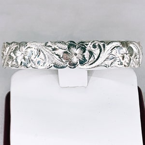 Hand Engraved Sterling Silver Hawaiian Bracelet: Plumeria Scroll, Custom Name