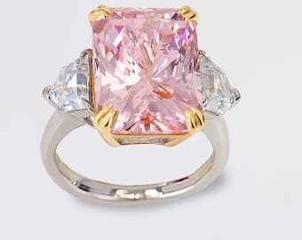 Pink Sapphire Radiant Cut and Lab Grown Moissanite Rhodium over Sterling Silver Ring