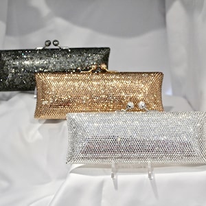Crystallized Evening Bag Clutch Wedding Purse Minaudière Long Slim Fully with Clear Gold Gray Name Brand Austrian Crystals Hollywood Glamour