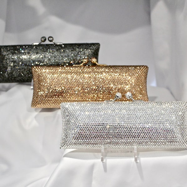 Crystallized Evening Bag Clutch Wedding Purse Minaudière Long Slim Fully with Clear Gold Gray Name Brand Austrian Crystals Hollywood Glamour