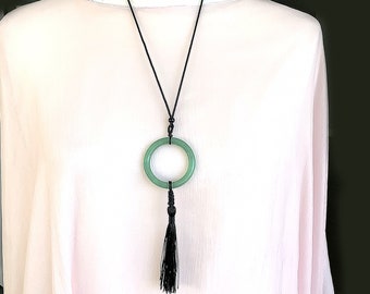 Green Jade Necklace Jewelry Natural Translucent Jadeite Yoga Pendant Meditation Handmade Hand Carved Eternity Circle Jade