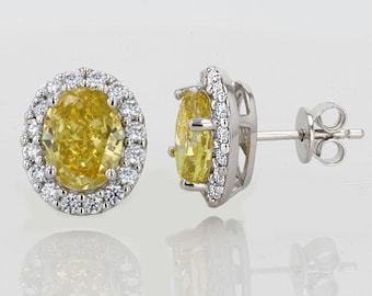 Lab Grown Yellow Simulated Diamond Halo Earrings: Rhodium Sterling Silver Studs