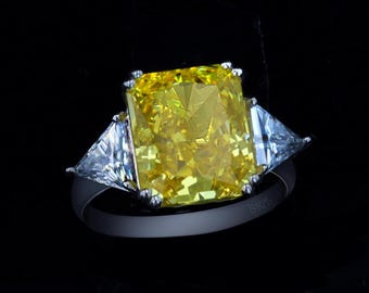 925 Simulated Yellow Diamond Engagement Ring with Moissanite Trilliant Sides Rhodium Over Sterling Silver
