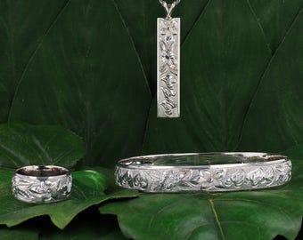 Hand Engraved 10mm Hawaiian Sterling Silver Jewelry Set: Hawaiian Flowers Scroll, Bracelet Ring & Pendant