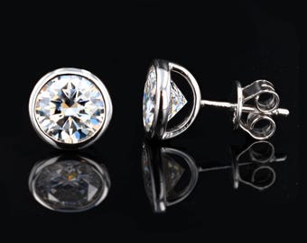 925 Moissanite Bezel Set Earrings Rhodium Over Sterling Silver
