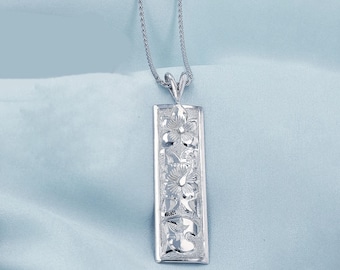 12mm Hawaiian Pendant Sterling Silver Hand Engraved Flowers