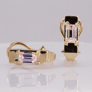 Emerald Cut Moissanite Earrings: 18KT Yellow Gold, Omega Backs, 2 Carat