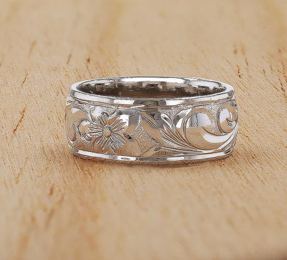 Titanium Hand Engraved Hawaiian Plumeria Scroll Band Ring - 8mm Smooth Edge