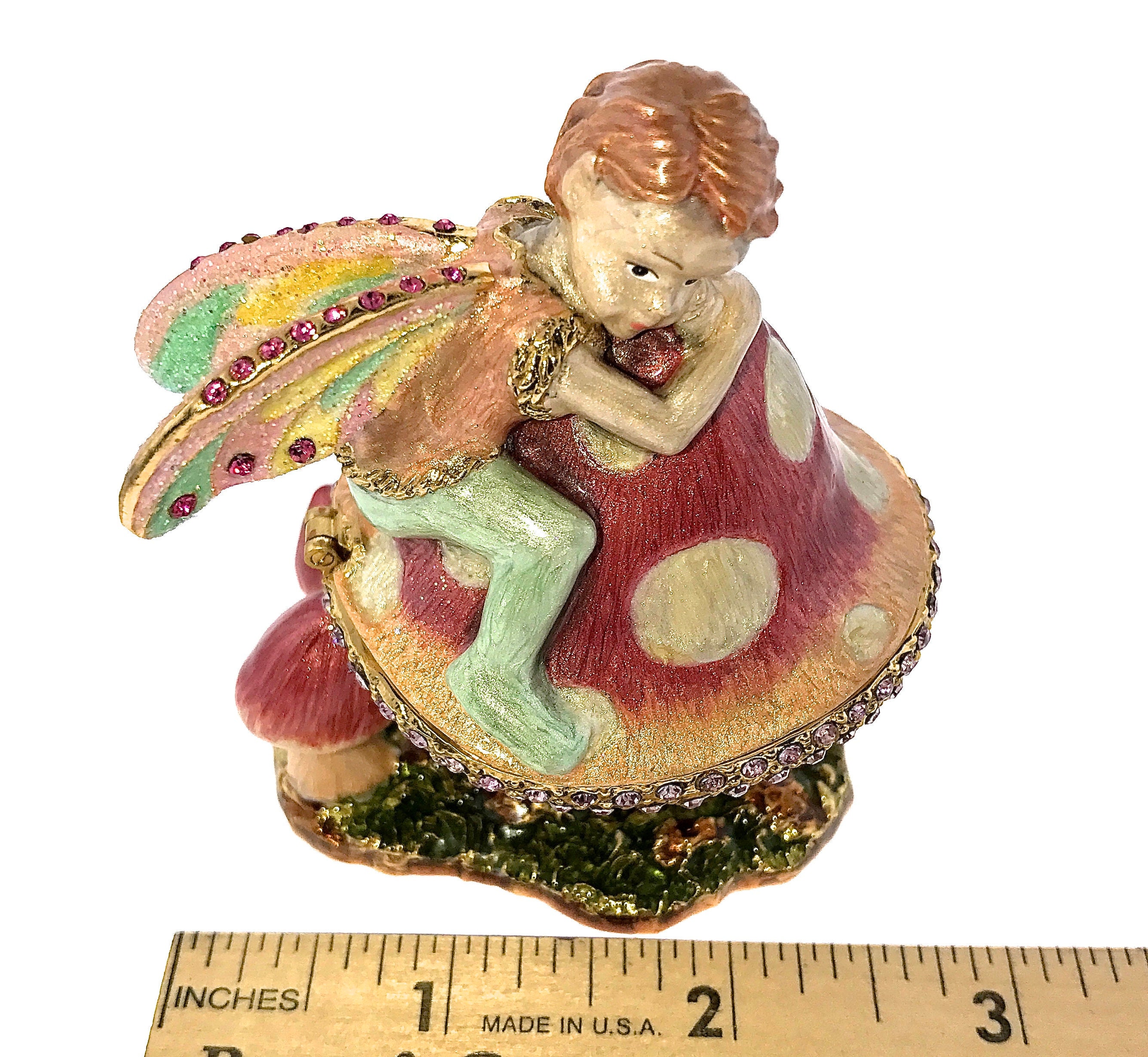 フェアリーエンジェルの小物入れ：エナメル加工と宝石装飾が施された