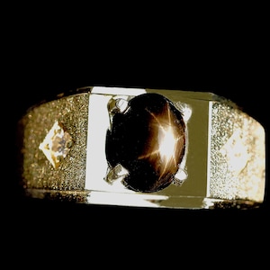 Black Star Sapphire Ring: Genuine Diamond Accent, 14kt Yellow Gold