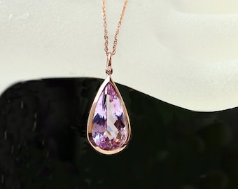 Pear Shape Kunzite Pendant: 14KT Rose Gold Bezel Set Necklace