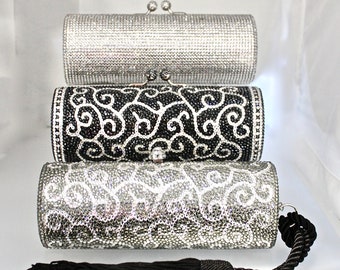 Crystallized Evening Bag Clutch Wedding Bridal Purse Scrolls Minaudière Clear Name Brand Austrian Crystals Black Gray Hollywood Glamour