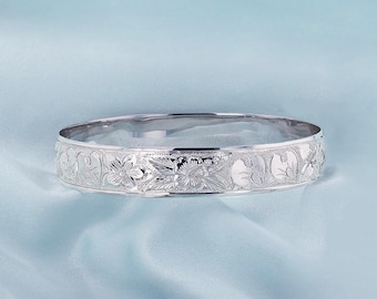 12mm Hawaiian Bracelet Hang Engraved Sterling Silver Flowers of Hawaiian Design