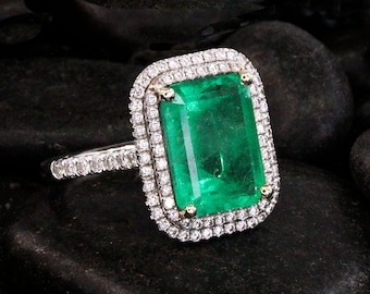 Colombian Emerald Diamond Halo Ring: 14kt White Gold Engagement Ring