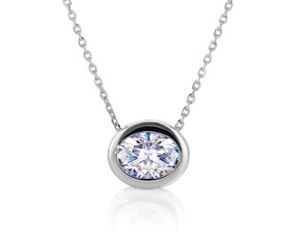Oval Moissanite Slider Pendant Necklace: Sterling Silver Bezel, 2 Carats