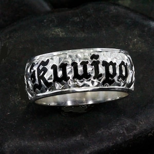 Hand Engraved Hawaiian Ring: Black Enameled Sterling Silver Kuuipo Name