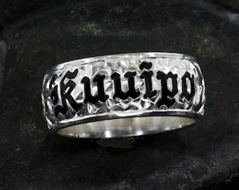 Hand Engraved 8mm Hawaiian Ring: Black Enameled Sterling Silver Kuuipo