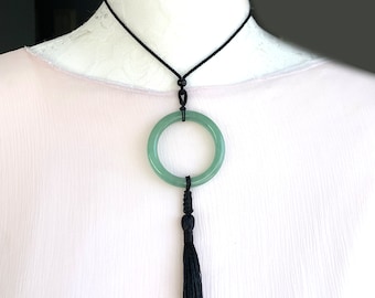 Green Jade Necklace Jewelry Natural Translucent Jadeite Yoga Pendant Meditation Handmade Hand Carved Eternity Circle Jade