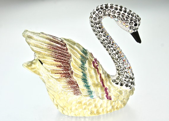 Swan Bird Miniature Jewelry Trinket Box Enameled Bejeweled Crystals Ring Storage 