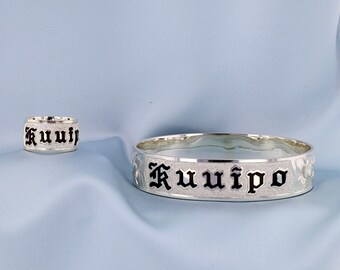 Hawaiian Bracelet Ring 15mm Sterling Silver: Hand Engrave Raised Letters with Enameling