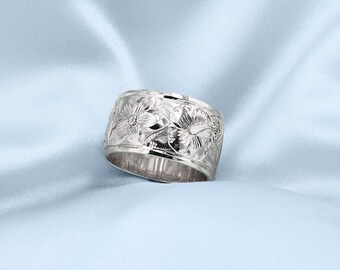 Sterling Silver Hawaiian Flower Ring: 12mm Heavyweight Band, Aloha Spirit