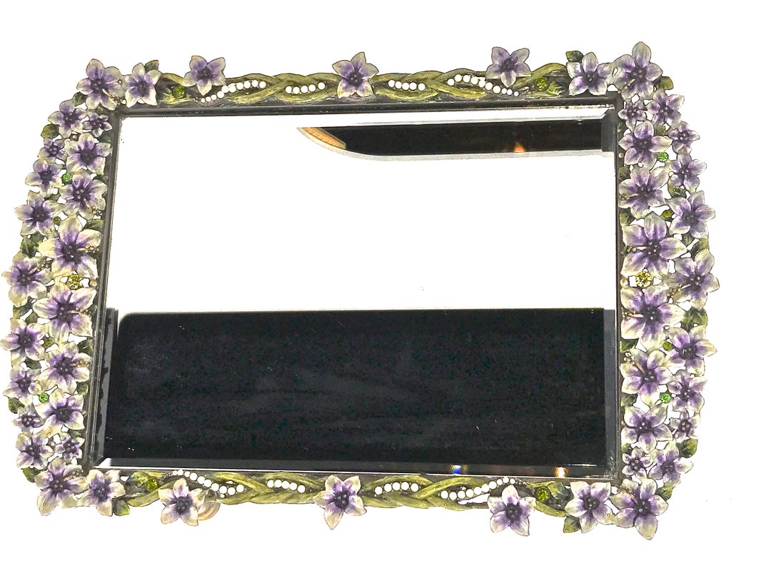 Purple Plumeria Mirror Tray Organizer Tray Metal Enameled Bejeweled