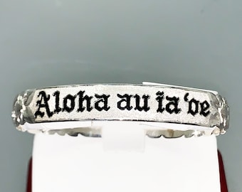 Hand Engraved 12mm Hawaiian Sterling Silver Bracelet: Black Enamel Aloha, Custom Name