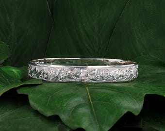 Hand Engraved 10mm Sterling Silver Hawaiian Flowers of Hawaii Bracelet