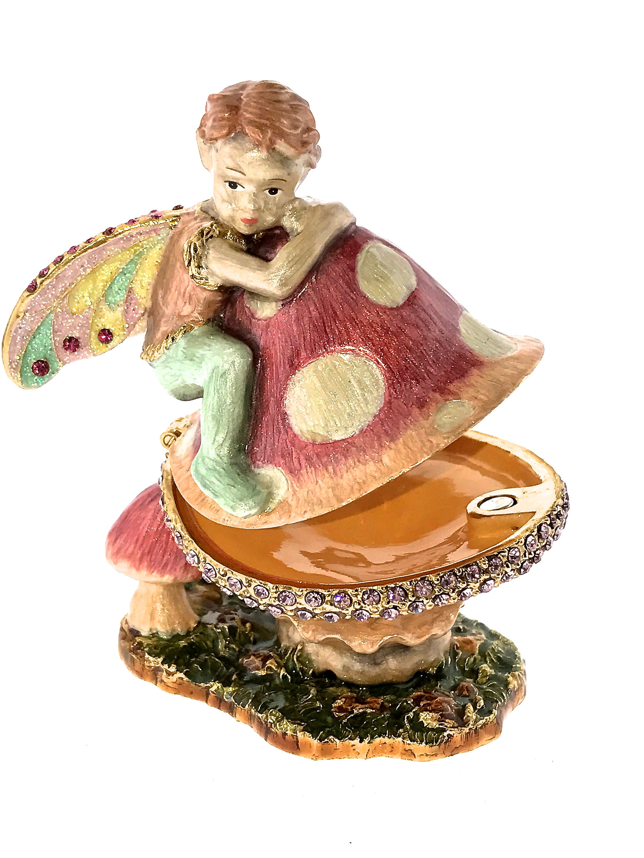 フェアリーエンジェルの小物入れ：エナメル加工と宝石装飾が施された