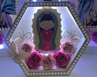 Baptism baby Virgencita 6x5inch wood plaque / Virgin Mary / religious Virgencita De Guadalupe Shadowbox with paper flowers Altar decorations